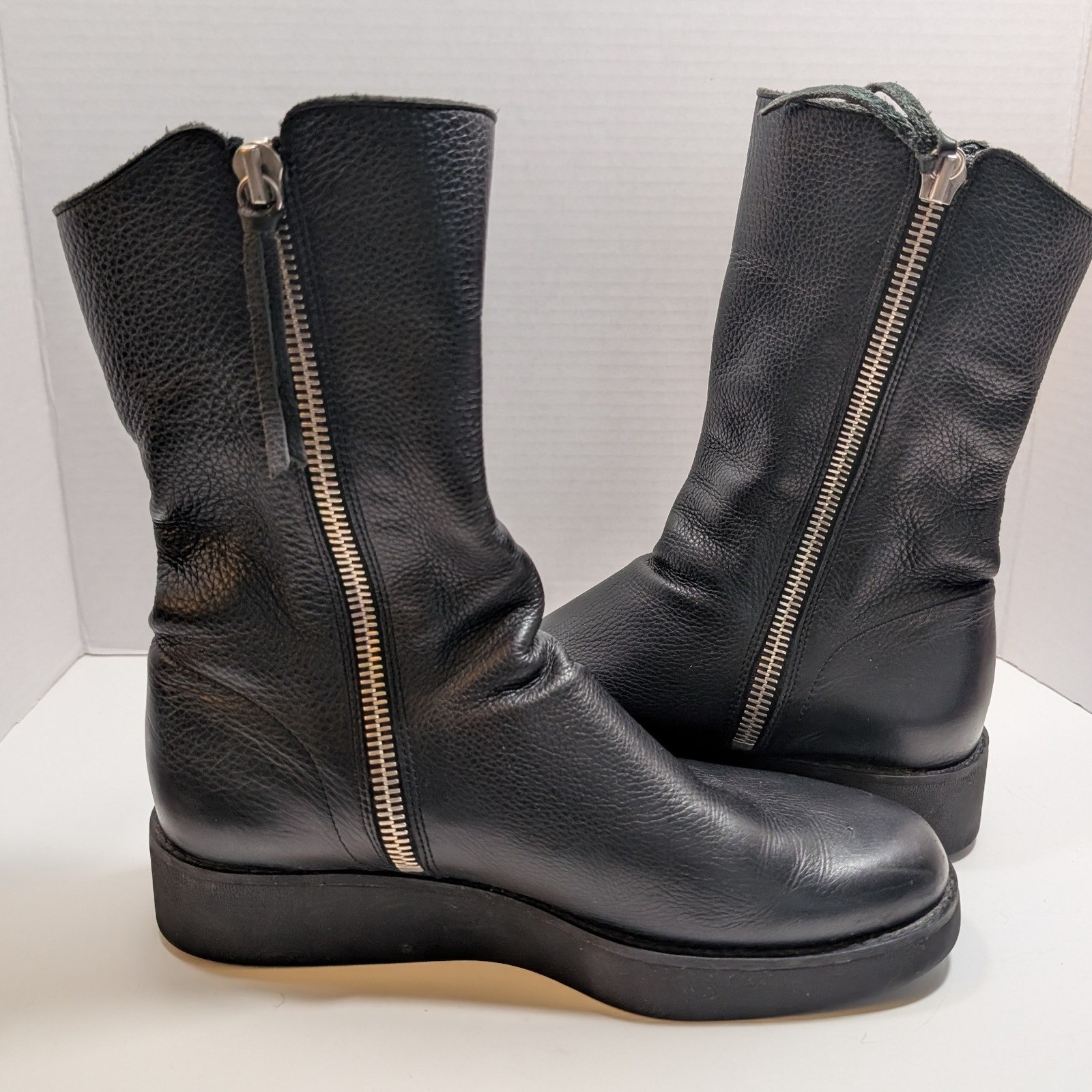 Arche Leather Zipper Platform Ankle Boots Black Pebbled Wedge Women 40 Moto Euro